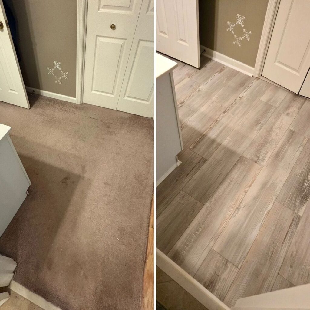 Before and after: old carpet replaced with new plank flooring
