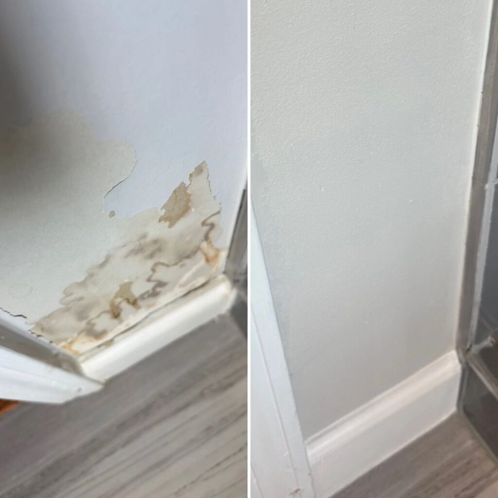 Before and after: water-damaged wall corner repaired and painted