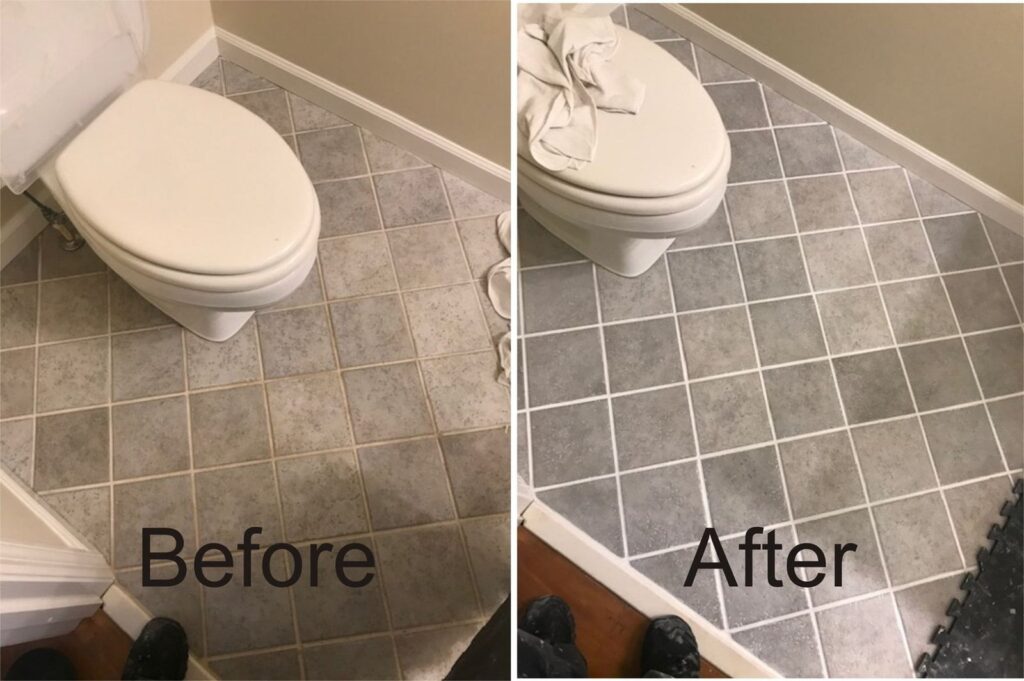 Before and after photos of a toilet-area tile floor: dirty grout on the left, clean restored grout on the right